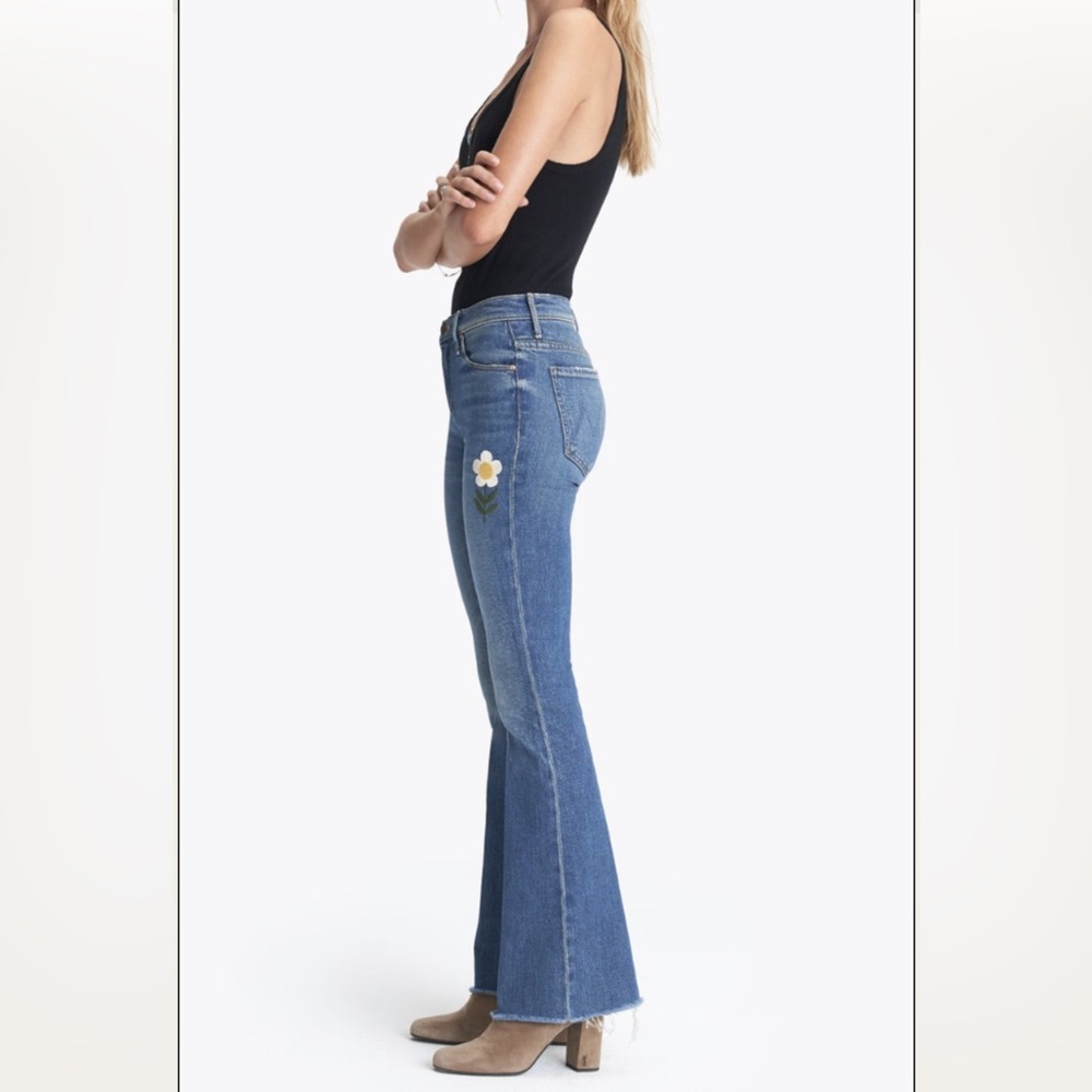 MOTHER Blue Flare Jeans with Floral Detail